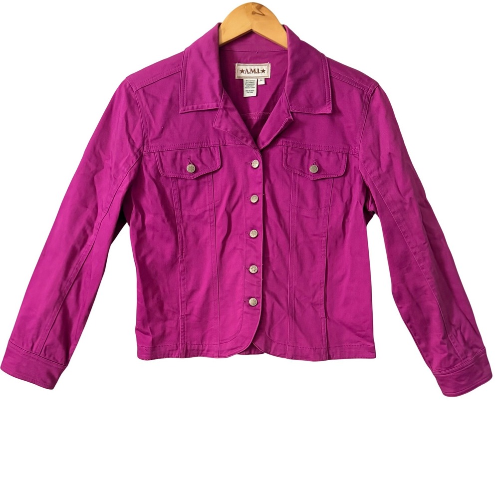 A.M.I. Womens Magenta Pink Button Up Cotton Stretch Denim Trucker Jacket Size M